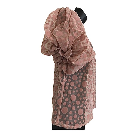 Pink sheer mesh chiffon pink suede dotted puff bubble sleeve blouse top size  M - Picture 13 of 16